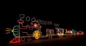 Christmas lights display with Santa on a train
