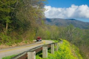 Driving Newfound Gap Road on a spring cabin vacation in the Smoky Mountains
