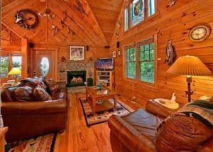 The living room in Tonto's Tee Pee cabin rental in Pigeon Forge.