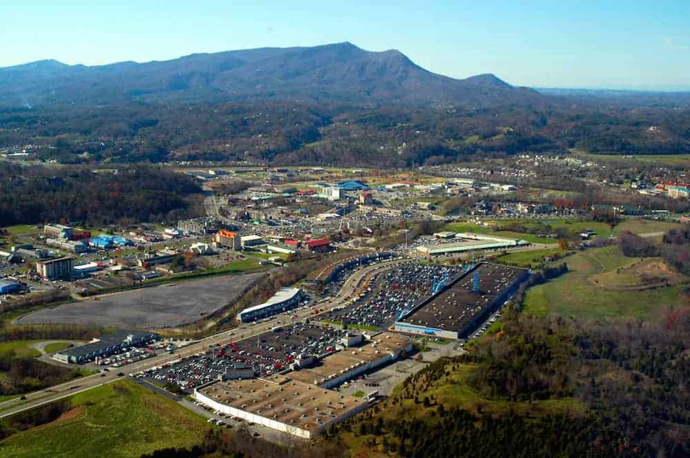 Aerial view of the Pigeon Forge city in Tennessee
