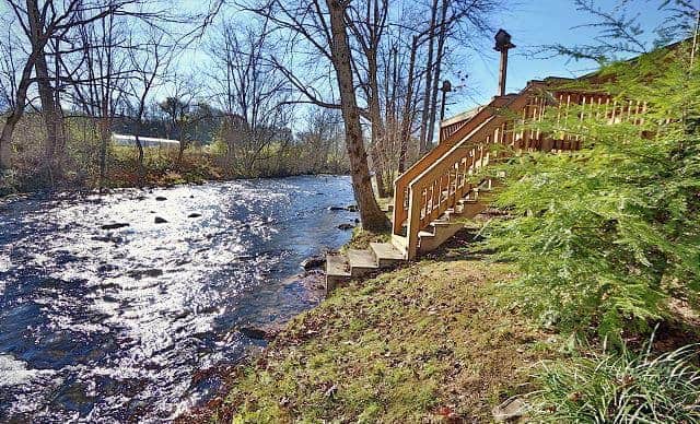 Stairs leading to the water at one of our Smoky Mountain river cabins.