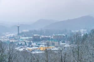 The city of Gatlinburg covered in snow